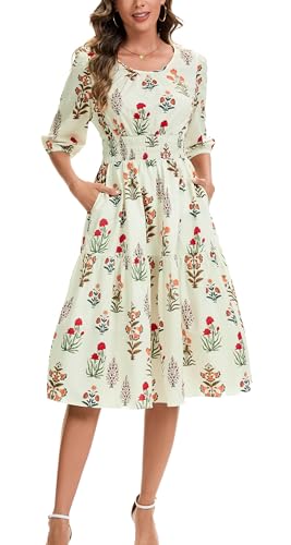Image of Kormei Women Casual Boho Floral Round Neck 3 /4 Sleeve Smocked Waist Tiered A Line Flowy Swing Midi Dress Long Dresses