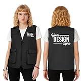 TOPTIE Chaleco de voluntario personalizado para safari, pesca, trabajo, resistente al agua, con bolsillos, añade tu logotipo, Negro, L