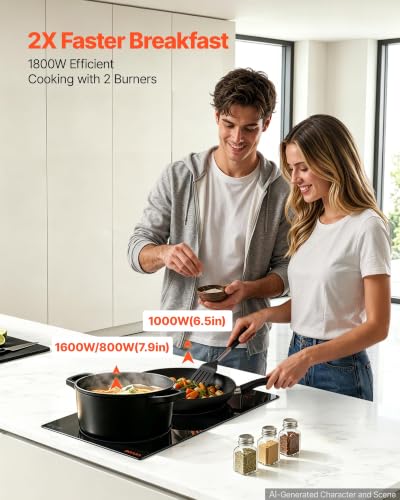 Image of VEVOR Electric Cooktop 12inch 2 Burners Portable Stove Top 1800W 120V, Ceramic Countertop /Built-in Radiant Electric Stove, with 16 Power Levels, Timer, Child Lock, Over-Heat Guard, Touch Control