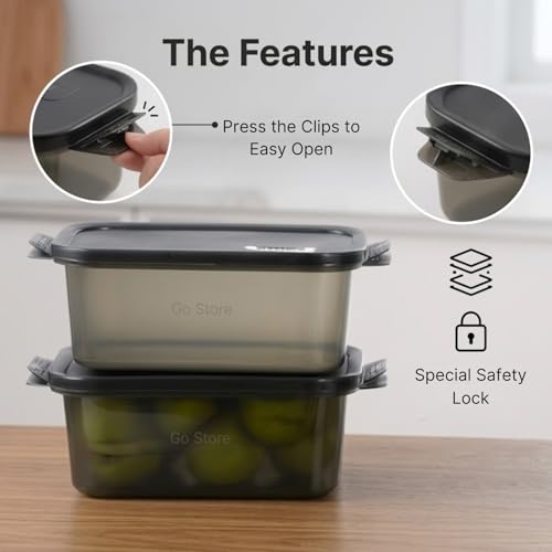 Image of GO STORE Pack of 2 Fridge Storage Containers (1000 ML) Freezer Safe Boxes for Kitchen Meal Prep, Vegetables, Fruits, Snacks, Stackable Space Saving Organizer