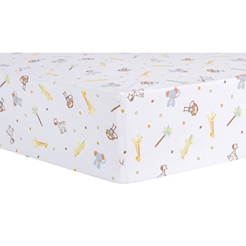 Image of Jungle Fun Animals Fitted Crib Sheet - Animal Scatter Print Cotton, White, Gray, Blue, Green, Taupe, Orange and Cream, Fully Elasticized, 8 in Deep Pockets, Fits Standard Crib Mattress 28 in x 52 in
