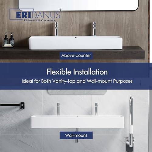 Eridanus Bathroom Sink Rectangle 43" x 16", Two Hole Vitreous Ceramic Vessel Sink, Countertop & Wall Mount, Modern Porcelain Vanity Floating Sink Art Basin Trough with Overflow, Glossy White