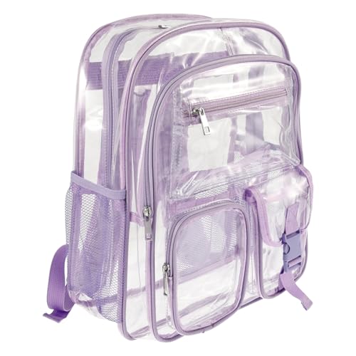 ZFLYCANP Mochila transparente, bolsa transparente de PVC com alças alargadas, vários bolsos, mochilas transparentes para escola, trabalho, estádio, segurança, viagens, eventos esportivos, Roxo, M