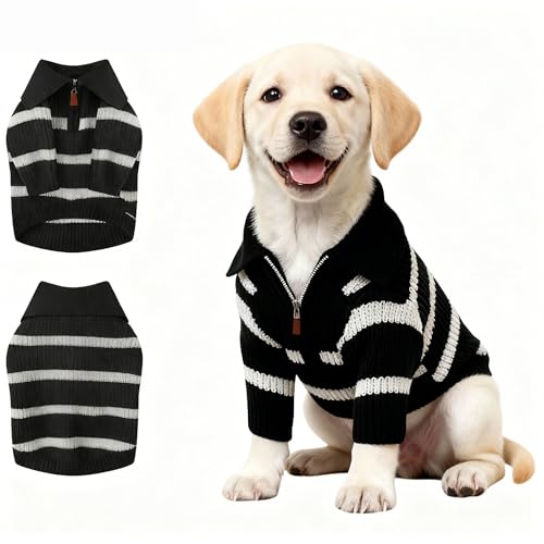 Image of Small Dog Sweater with Zipper, Knitted Striped Pullover Dog Clothes for Cold Weather, Thick Warm Cozy Stretchy Sweater for Chihuahua, Bulldog, Dachshund, Pug(Black & White Strip, XL)