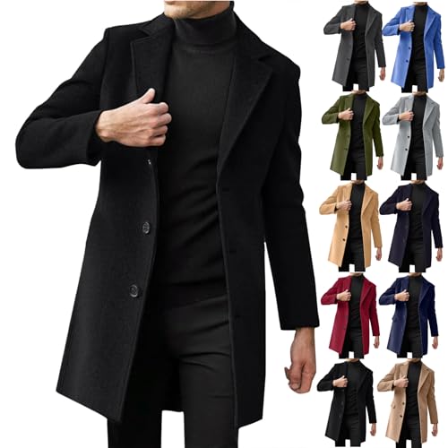 Image of Black Trench Coat Men,Trench Coat Men 2025 Winter Warm Slim Fit Notch Lapel Single Breasted Wool Blend Pea Coats Business Casual Formal Jackets Overcoat With Pockets,L