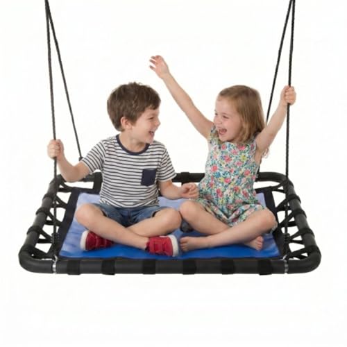 Image of Platform Tree Swing for Kids - Swing Set, Tree Branch, or Playground - 40x30in Rectangular Platform for Kids with Adjustable Rope - Outdoor Activities by Hey Play (Blue /Black)