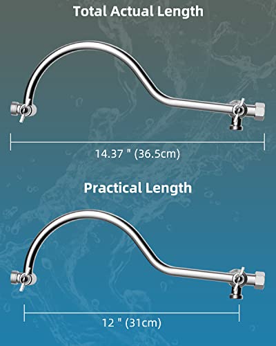 Hibbent All Metal 12 Inch Brass Adjustable Curved Shower Head Extension Arm With Shower Arm Diverter Valve, G 1/2 3-Way Bathroom Universal Shower System Replacement Part, Shower Arm Extender, Chrome #TOP6