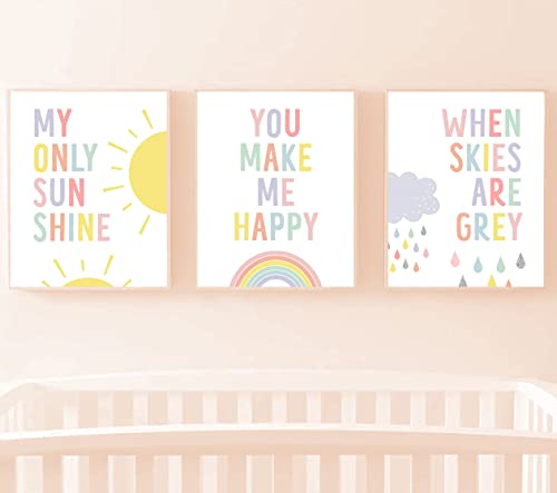 Image of Baby Girl Nursery Decor - Unframed Set of 3 (8x10 Inch) My only Sunshine Nursery Posters, Rainbow Sun Cloud Pastel Wall Decor, Little Girls Room Prints, Nursery Wall Decor, Kids Room Decor, Nursery Poster for Girls