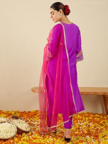 Image of INDO ERA Women's Silk Blend Embroidered Straight Kurta Pant with Dupatta