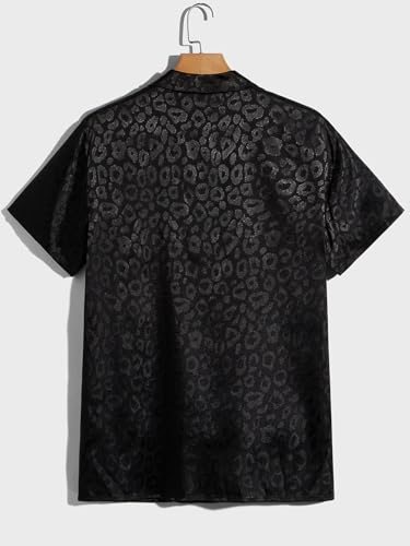 Verdusa Men's 2 Piece Lounge Set PJ Set Leopard Jacquard Button Front Shirt and Short Sets Black4