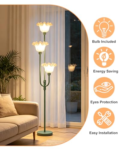 Image of Lightdot 66IN Flower Floor Lamp 3-Lights Vintage Dimmable Floor Lamps with 3000K Warm White Bulbs Included for Wedding Party Modern Tall Standing Lamp for Living Room /Bedroom /Sofa Beside /Corner Decor
