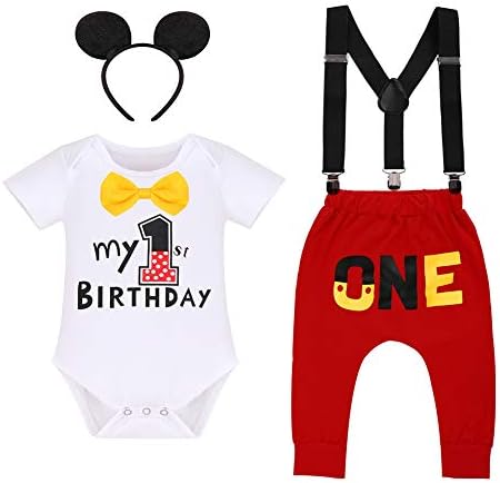 Mouse 1st First Birthday Cake Smash Photo Props Outfit Baby Boy Romper Suspenders Legging Pants Headband Halloween Mouse Themed Party Supplies Gentleman Suits White - My 1st Birthday Long 12-18 Months