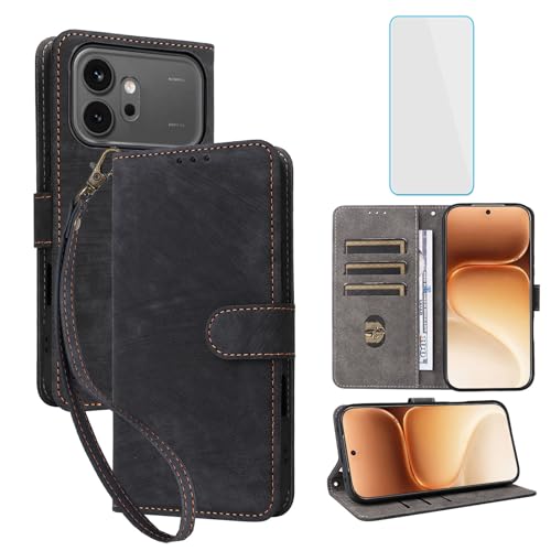 Étui Honor 600 5G portefeuille en cuir noir avec protection écran anti-RFID