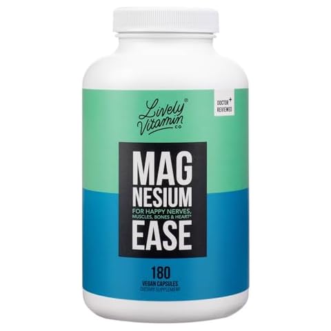 Lively Vitamin Co. Magnesium Ease - Chelated - Highly Bioavailable - Tension - Stress - Nerves - Immune Function - RLS - Gluten Dairy Soy Free - Non-GMO - 180 Vegan Capsules Cover