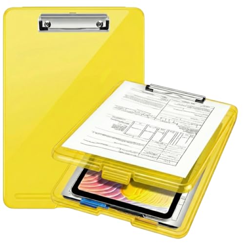 Image of Yajnas Clip Pad /Clipboard with Built-in Storage Compartment and Pen Holder - Durable, Lightweight Writing Pad with Snap Closure - Ideal for Office, School, Fieldwork (Yellow Colour)