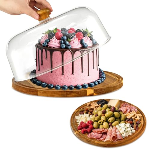 Mozphae Wood-Cake-Stand With Acrylic Dome Lid, Round Wooden Cake Holder Plate With Cover, 2-in-1 Dessert Table Display Set For Party, Charcuterie Board For Cheese, Chips & Dips, Nachos, Fruit Platter by Mozphae - Used condition - US$26.76