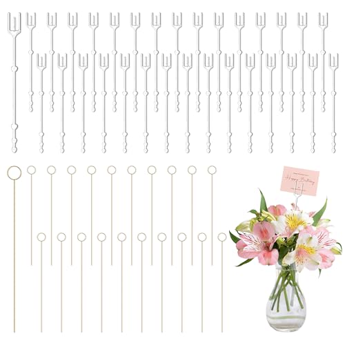 PiinRoon Floral Pick Card Holder, 70 Pcs Flower Card Holder Stick, 2 Styles Plastic Fork Shape Metal Round Floral Picks Clip for Flower Arrangement Bouquet Wedding Decorations