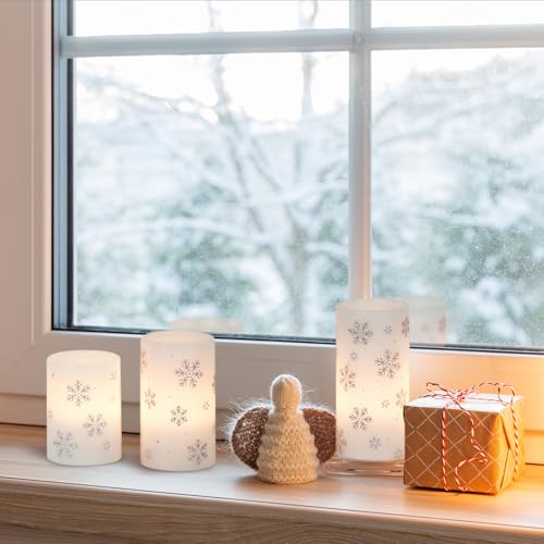 Image of KunSween Christmas Flameless Candles with Timer, 3 Pack LED Pillar Candles with Silver Snowflake Decals and Real Wax, Christmas Winter Decorations for Home Indoor Table Centerpieces
