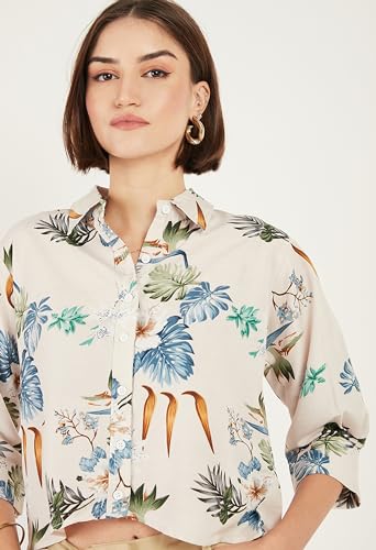 Image of ALL YOURS Women Women's Blue Boxy Floral Printed Casual Shirt (ALLSH5001 TUR XS)
