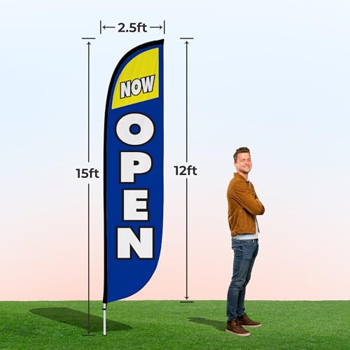 Image of LookOurWay Feather Flag Pole Kit - 12 Feet Tall Advertising Flag Banner with Fiberglass Pole Kit and Ground Spike for Business Promotion - Grand Opening Flags - Now Open Blue & Yellow (10M1200029)