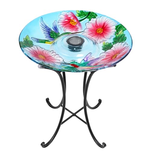 MUMTOP Outdoor Bird Bath, Large Glass Bird Baths Bowl with Metal Stand, Solar Hummingbirds Birdbaths for Outside Garden Lawn Yard Decor, 18”Dia 21.65”Height