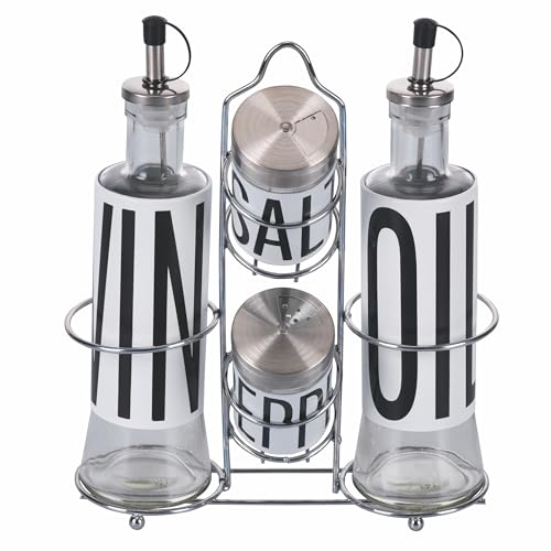 Villa d'Este Home Tivoli Set condimento olio, aceto, sale e pepe in vetro e acciaio inox, stand in ferro, Bigismore