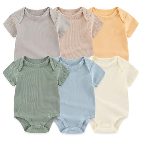 Image of Ruliby Baby Bodysuit 6 Pack Soft Mixed Ribbed Short Sleeve Romper Infant Boy Girl Clothes Set