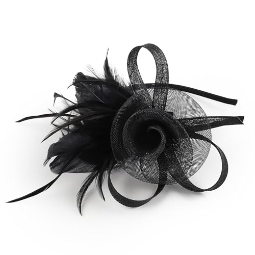 Fascinators Hats 20s 50s Pillbox Hat Tulle Fascinators for Women Tea Party Headband Clip Hat Wedding Cocktail Headwear (Black)