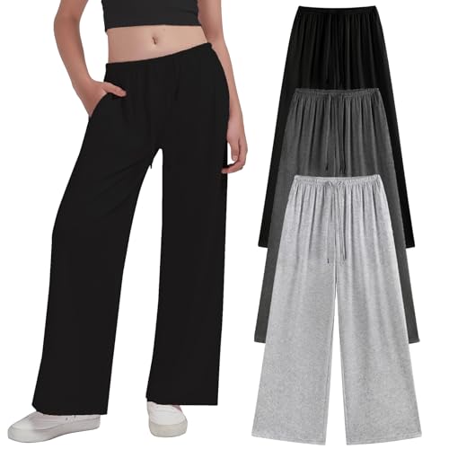 EXARUS 3 Pack Girl's Loose Straight Leg Baggy Cute Sweatpants with Drawstring Elastic Waist Wide Leg Casual School for Teen 10Y Black/Light Grey/Grey