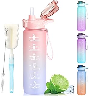 Motivational Water Bottles 1L BPA Free, Sport Drinks Jug with Time Marking & Lock Cover, Leak Proof Water Bottle with Straw and Brush, Portable Strap Pink Red Water Bottle with Brush