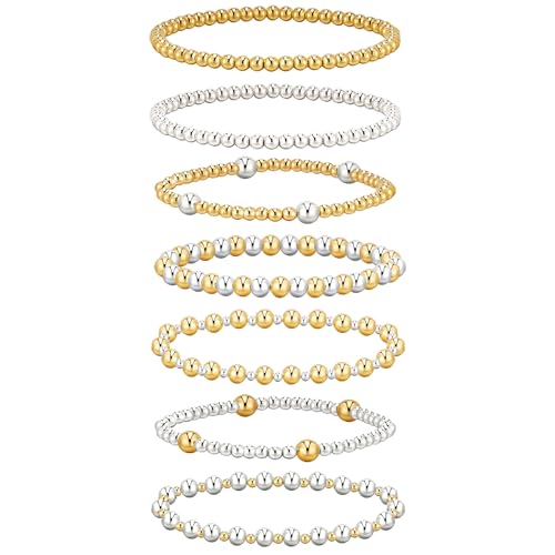 7Pcs Gold Bracelets for Women Gold Plated Beaded Bracelet Elastic Stretch Bead Ball Stack Set Stretchable Adjustable Gold Jewelry Gifts