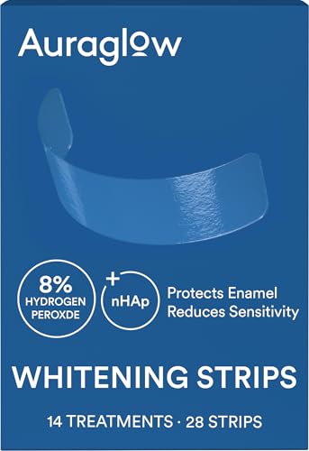 Auraglow Teeth Whitening Strips, Sensitive Whitening Strips, 14 Whitening Treatments, 8% Hydrogen Peroxide with Nano Hydroxyapatite (nHAp) to Reduce Sensitivity and Protect Enamel, 28 Strips, Mint