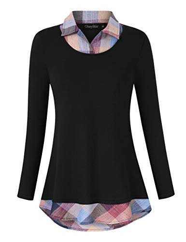 GloryStar Women's Long Sleeve Contrast Collared Shirts Patchwork Work Blouse Tunics Tops Long Sleeve Black Plaid XL