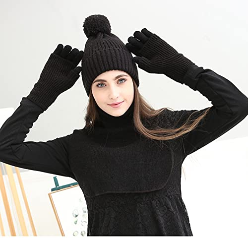 Black Knit Scarf/Hat/Gloves Set, Soft Warm Beanie, Touch Screen Unisex Cable Knit Winter Cold Weather Gift #TOP1