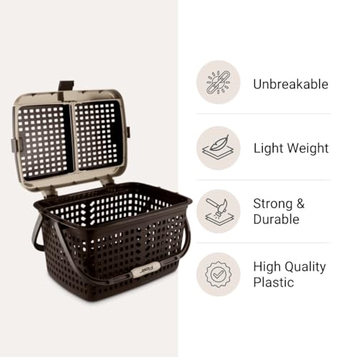 Image of FLAIR Dual Compartment Storage Basket Set of 3 - Sturdy Plastic Organizer with Handles & Lid | Plastic Multipurpose Trendy Shopping Big Basket | Ideal for Kitchen, Bathroom, Laundry & Toys (Brown)