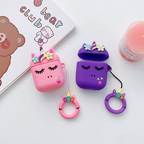 【2 Pack】 3D Pink+Purple Flower Unicorn Case For Airpod 2/Airpod,3D Cartoon Cute Airpods Case For Kids Girls Teens Women,Fashion Kawaii Funny Cool Fun Soft Silicone Case For Airpods/Airpods 2 #TOP5