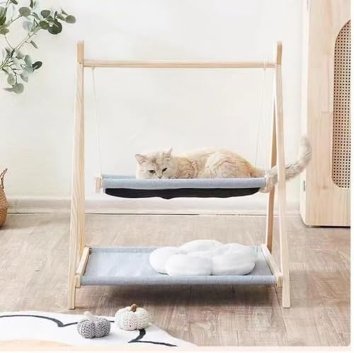Syfunny猫用ベッド 木製 ハンモック 1/2段 猫ベッド ハンモック 天然木 頑丈 組立簡単 通年 可愛い 猫ハンモック ペットベッド 自立式 休憩 日光浴 (ブルー)
