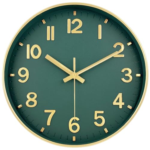 Image of Modern Wall Clock, 10 Inch Digital Wall Clocks Battery Operated, Round Non Ticking Silent Analog Clock for Bedroom Living Room Kitchen Office Gym Classroom Decor, Gold Green Battery Clock