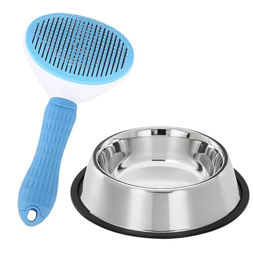 Image of Anti-Skid Stainless Steel Dog Bowl (850 ML) & Thin Slicker Brush Combo | Scratch-Proof Feeding Bowl | Self-Cleaning Grooming Brush for Shedding | Ideal for Dogs, Puppies, Cats & Kittens