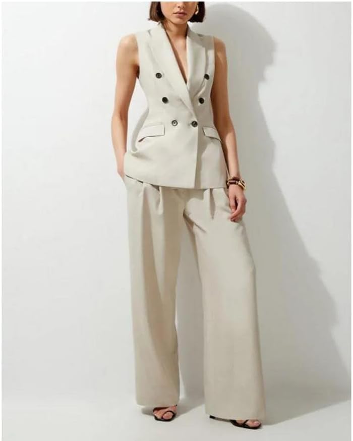 Women’S Sleeveless Double Breasted Slim Cut Suit Blazer and Trousers – Daily Office Formal Wear