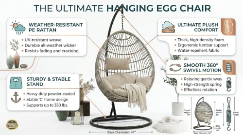 Image of UNIVERSAL FURNITURE Hanging Egg Swing Chair with Stand, Woven Wicker Rattan Style Swing with Cushion, Freestanding Indoor Outdoor Hanging Chair for Patio, Balcony, Garden & Porch (Beige Rope)