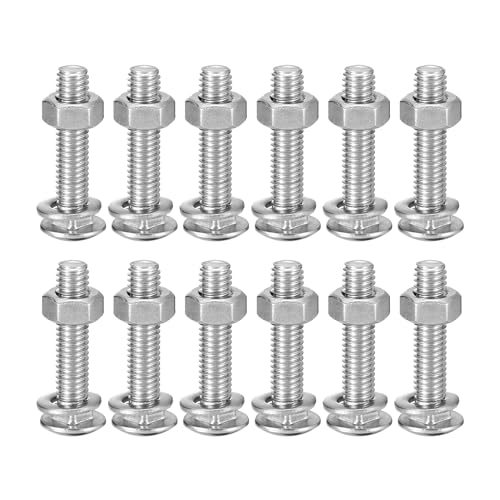 Image of uxcell M6x30mm Square Neck Carriage Bolts with Nuts & Washers, 12Set 304 Stainless Steel Round Head Square Neck Coach Bolt Screws, Silver Tone
