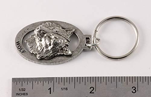 Wolf Keychain, Pewter, M041KC, 2”, 100% Handmade in the USA, Wolf Head Keychain, Canis lupus Key Chain, Key Ring, Key Fob, Wolf Gift, 200 Mammal Designs Available.2