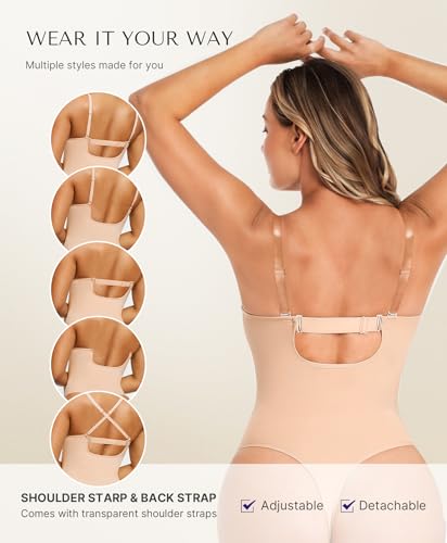 SHAPELLX Shapewear Tummy Control Bodysuit for Women Snatched Waist Body Suit Strapless Body Shaper Built-in Bra Beige M2
