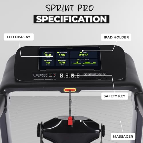 Image of Sprint Pro 5 HP Peak BLDC Motorized | Hydraulic Foldable Treadmill | 25Level Auto Incline| 16 Km /Hr Max Speed| 140Kg User Weight| Bluetooth Speaker| Wynd app | Home use| Black