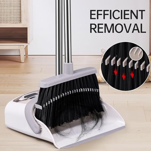 Image of Broom with Dustpan Combo Set, Hand Broom and Dustpan Set for Sweeping Indoor Angle Broom for Home Office Kitchen Lobby Floor Pet Hair Indoor&Outdoor Cleaning (White&Gray)