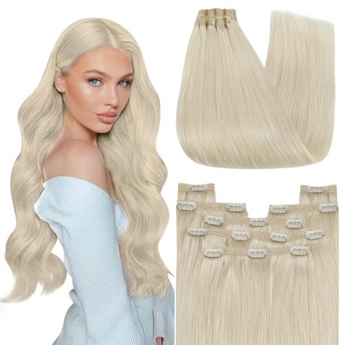 YoungSee Clip in Hair Extensions Real Human Hair Blonde 12 inch 80g Clip in Human Hair Extensions Platinum Blonde Clip in Extensions White Blonde for Women Short Straight 7Pcs