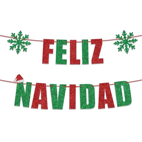JUFYVO Feliz Navidad Spanish Christmas Banner Christmas Fireplace Wall Banner Glitter Red Green Xmas Banners Xmas Celebrating Party Decoration Supplies for Indoor Home
