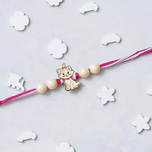 Image of eCraftIndia Pink and White Marie Cute Cat with Beads Designer Pet Rakhi for Kids & Brother with Roli Chawal Pack | Cartoon Theme Raksha Bandhan Rakhi Gift Set