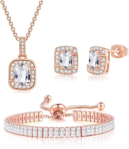 Image of FDEETY Jewellery Set for Women Cubic Zirconia Bridal Pendant Necklace Bracelet and Earrings Set Gifts Wedding Bride Bridesmaids (Rose Gold)